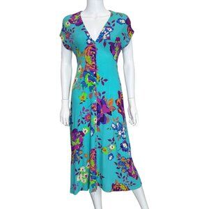 Zara TRF Collection Dress Womens M Teal Floral Viscose Midi Cap Sleeve Lined